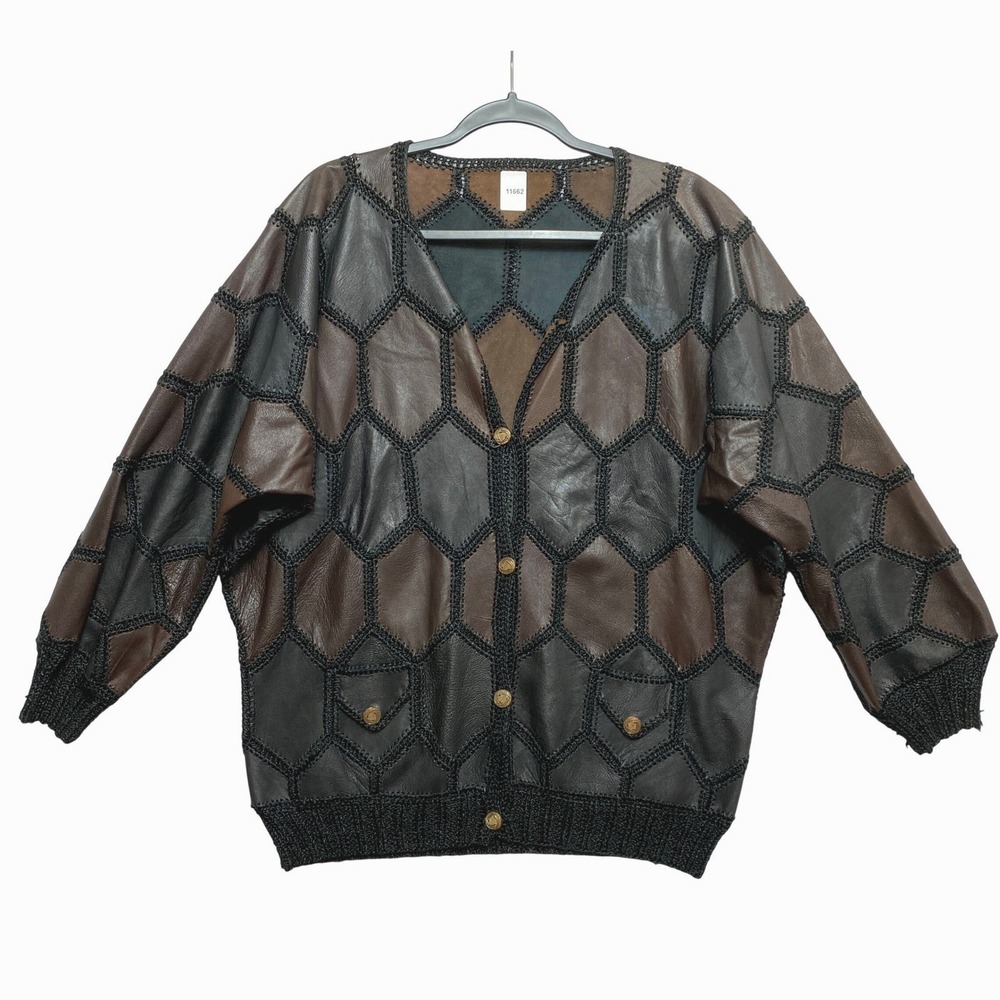 Unbranded Patchwork Leather Cardigan Womens XL Brown Black Hexagon Crochet Trim